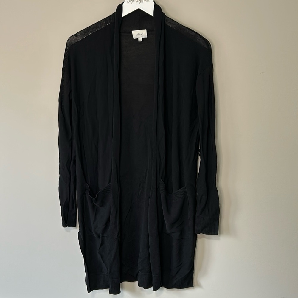 Wilfred Aritzia Cardigan Black Open Front Pockets Longline Sweater Trendy Sz S